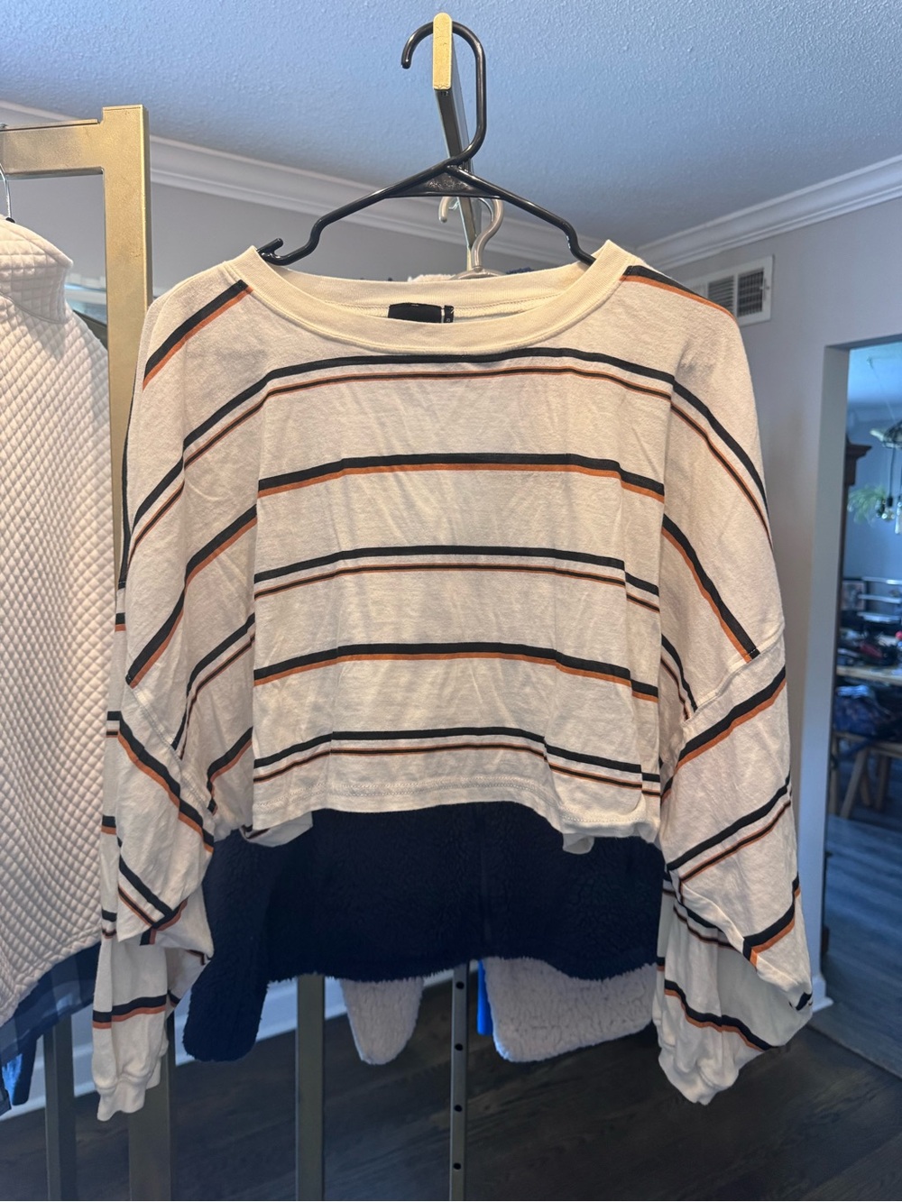 Urban Outfitters Cream Striped Cropped Top with Black and Rust Stripes